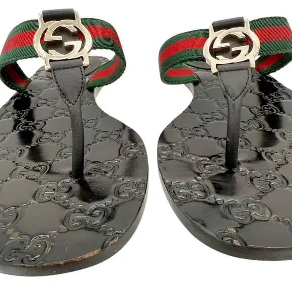 Gucci Interlocking GG Thong Sandal Black Leather Flat Flip Flop Slide EU 39 US 9 - Picture 7 of 14